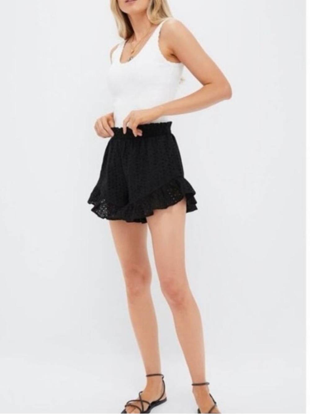Tuckernuck Pomander Place Black Eyelet Skye Ruffle Shorts, Size Medium